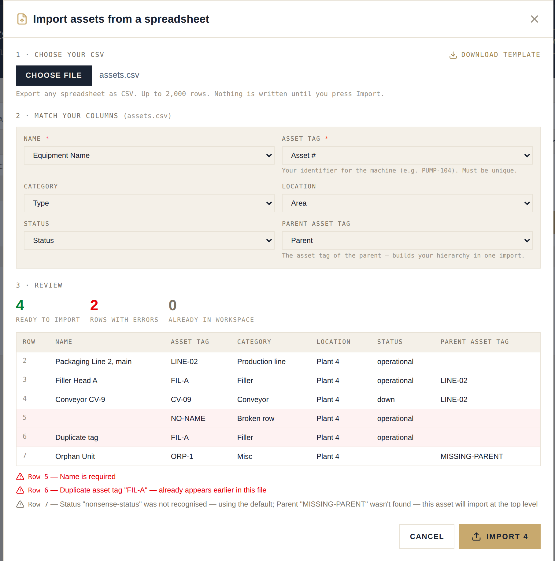 The CSV import wizard — columns matched automatically, with a validated preview showing which rows are ready and which need attention.