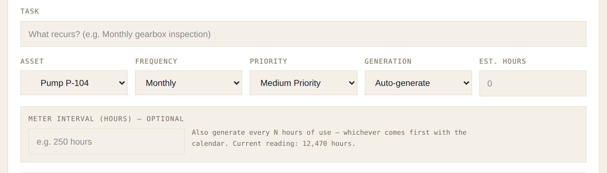 Creating a PM with a meter interval — every 250 hours, whichever comes first with the calendar.