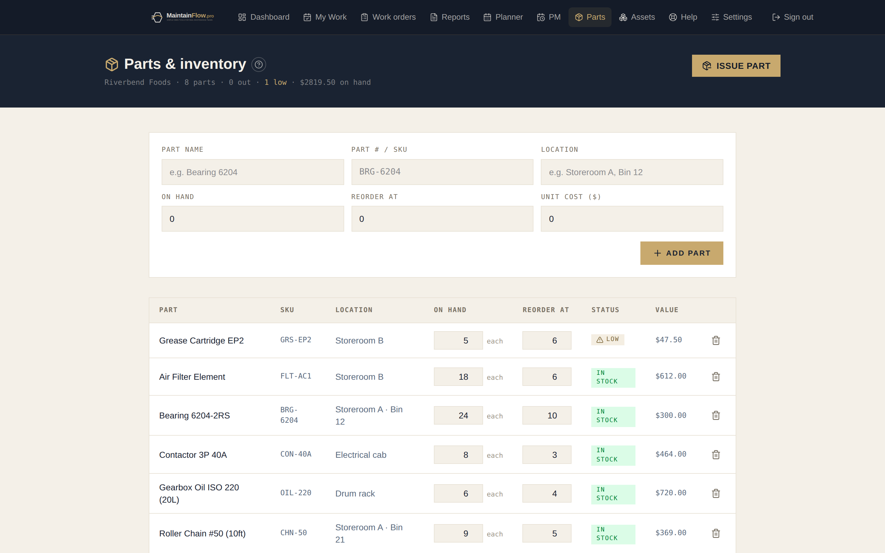 Spare Parts & Inventory — MaintainFlow web CMMS