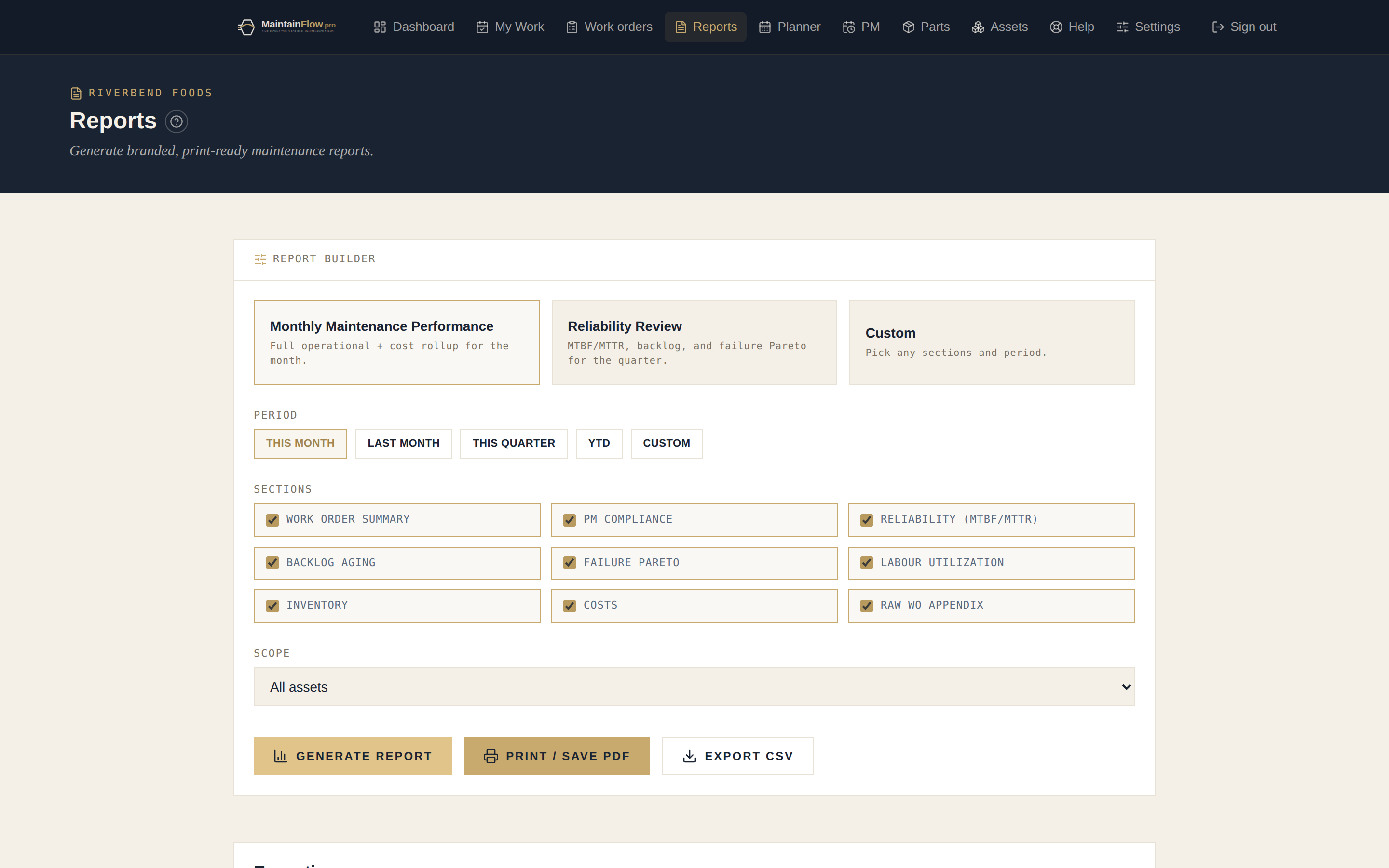Professional Reports — MaintainFlow web CMMS