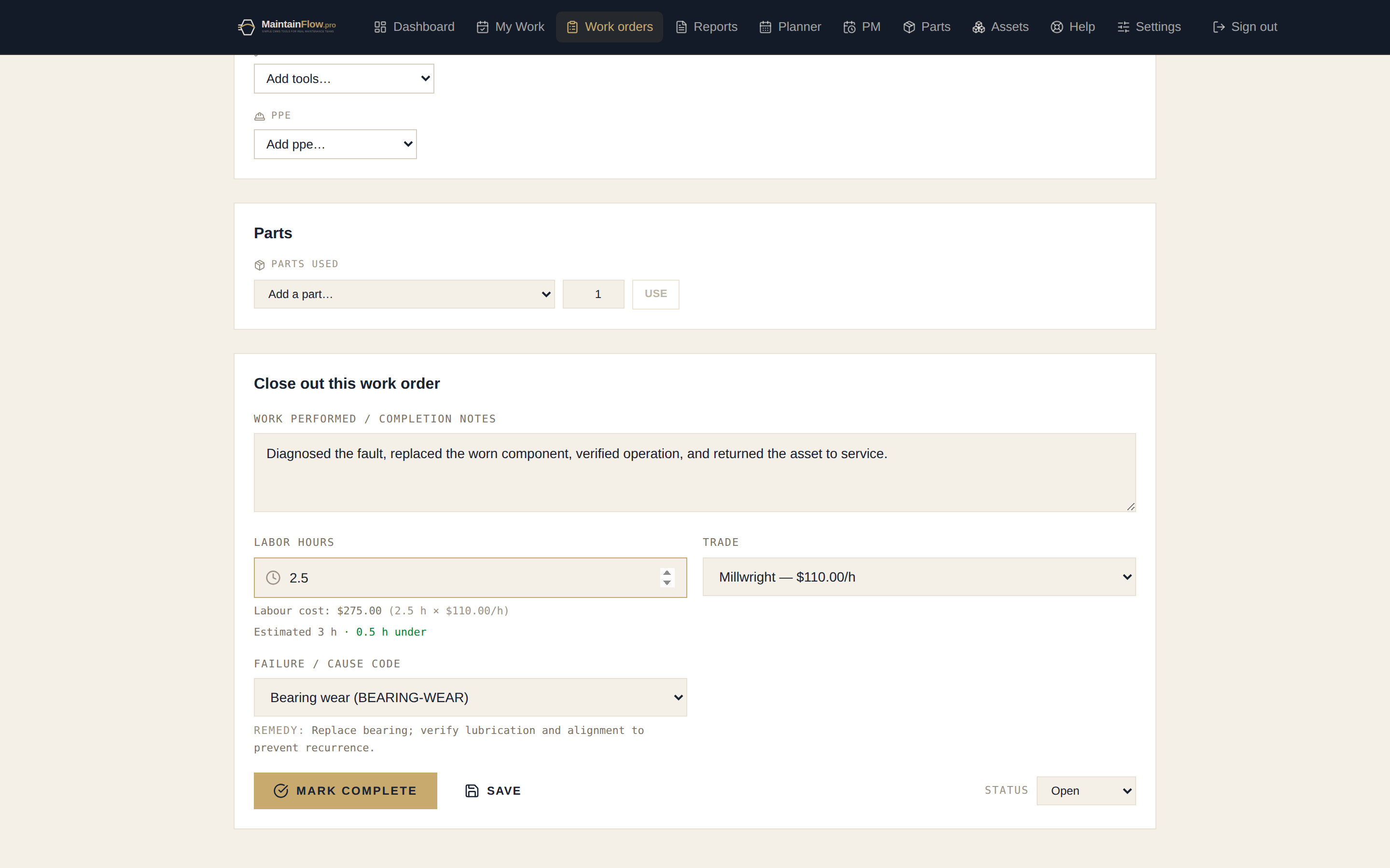 Work Order Close-Out — MaintainFlow web CMMS