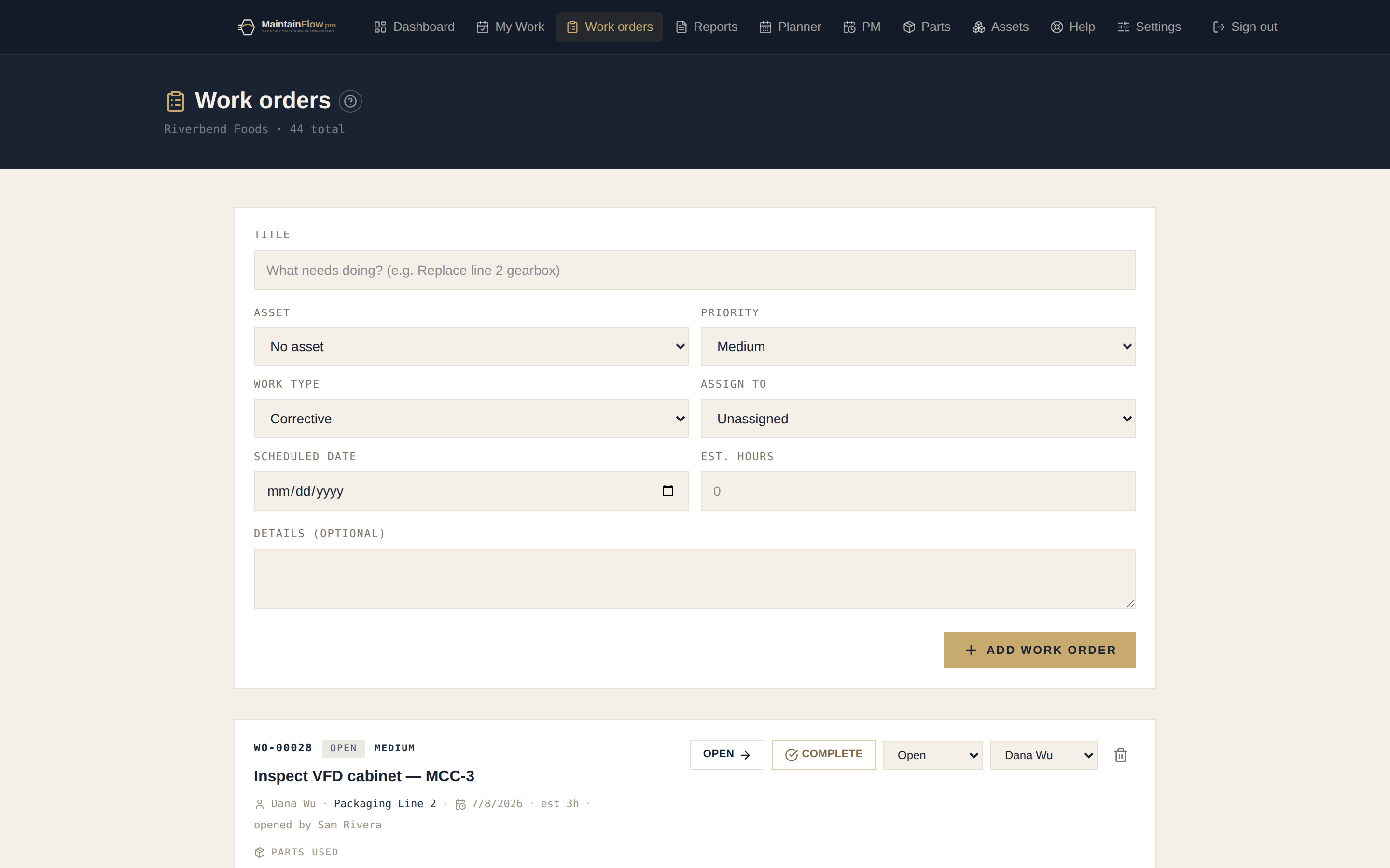 Work Orders — MaintainFlow web CMMS